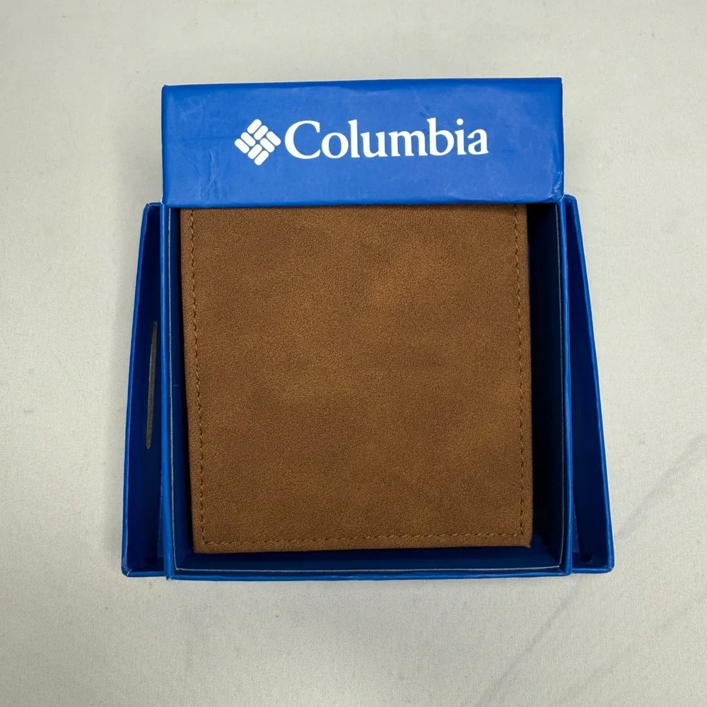 Columbia Mens Bifold Wallet Tan Brown‎ Logo Plaque Slim NIB